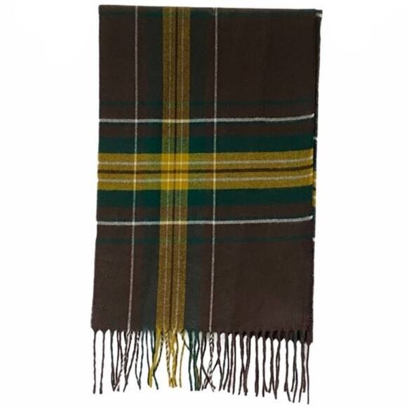 Soft Merona Unisex Tartan Plaid Fringe Scarf 65" X 11" Brown Tan Yellow Green - Picture 4 of 9